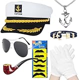 Yacht Kapitän Hut Kapitänsmütze Kostüm Set,Matrosenmütze Schal Sonnenbrille,Kapitänsmütze Herren Ideal Matrosen Kostüm,Kapitänsmütze für Erwachsene Damen Männer für Karneval Mottoparty Partys Cosplay