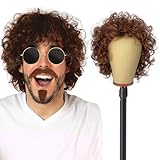 UILYNIU Herren Braun Herrenperücke Locken Hippie Kostüm Perrücke Mit Schnauzbart und Sonnenbrille 70er 80er Jahre Afro Perücke Männer, Disco Dude Punk Perücke für Herren Cosplay Halloween (Braun)