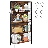 VASAGLE Bücherregal, Büroregal, Küchenregal, Standregal mit 5 Ablagen, 4 S-Haken, 30 x 74 x 154 cm, für Büro, Wohnzimmer, Arbeitszimmer, vintagebraun-tintenschwarz LBC023B01
