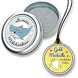 FANS & Friends Zahndose Milchzähne mit Medaille / Zahnfee Geschenke / Metall, silber farben / Milchzahndose Jungen & Mädchen / Zahnfee Dose / Zahnbox / Baby Tooth Box / Zahn Box Kinder (Hai)