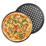 ORAGKE Pizzablech & Lochblech Ø 32 cm, Pizzablech Rund 2er Set Carbonstahl, Pizzaform Antihaftbeschichtet, Backblech Rund für Pizza & Flammkuchen, Pizza Blech Hitzebeständig bis 230°C, Schwarz