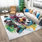Teppich 60x90 cm rutschfest Waschbar Teppich, Sportthema Fußball Graffiti Gamecontroller Druck Teppich für Dekoration Schlafzimmer Kinderzimmer Wohnzimmer Kurzflor Weiß Teppich