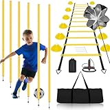 BJNCDIO Slalomstangen Fussball Trainingszubehör mit 6 Slalom Poles, Koordinationsleiter 6m, 12 Hütchen, Springseil und Resistance Fallschirm, Fußball Trainingsset für Koordinationstraining (Gelb)