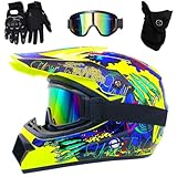 Motocross Helm Set, Dirt Bike Fullface Offroad Motorrad Helm mit Schutzbrille Geeignet für Kinder von 5 Bis 14 Jahren(F4,S(52-53cm))