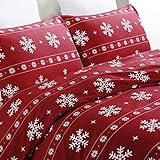 YEPINS Weihnachten Bettwäsche 200x200 Rot Schneeflocken Mikrofaser Weihnachts Motiv Bettbezug Set 3 teilig - 1 Bettbezug 200x200 cm mit Reißverschluss + 2 mal 80x80cm Kissenbezug