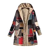 TURWXGSO Wintermäntel für Damen, Übergröße, Baumwolle und Fleece gefüttert, lange Ärmel, Kapuzenmäntel, ethnischer Druck, Knopf, Overcoats mit Taschen, XXXXXL, Rot 1, 40