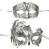 QAZWZG Maskerade Maske 2 Stück Metall Filigrane Paar venezianische Partymaske Hochzeit Ball Maske Maskerade Kostüm Masker Set Für Karneval Ball Party(Silver Blue Diamond)