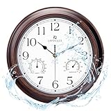 Lafocuse Wasserdicht Lautlos Wanduhr mit Thermometer und Hygrometer, Outdoor Retro Wanduhr Mahagonifarben Shabby Chic, Ohne Tickgeräusche Vintage Deko für Badezimmer Garten Küche Verandas 30cm