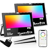 LED Strahler Außen RGB 50W Flutlicht Dimmbar Bunt & Kaltweiß, Smart Bluetooth APP Steuerung Flutlichtstrahler, IP66 Wasserdicht Aussenstrahler, Fluter für Aussen Innen Garten Hinterhof, Garage-2 Stk