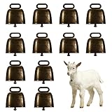 Mini Kuhglocke 12 Stück Vintage Eisenglocke Ziegenglocke Metall Haustier Glocken Haustier Halsband Bauernhof Tierglocke für Rinder Kuh Pferd Schafe Gelbbronze