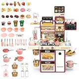 deAO Kinderküche Spielküche, Kunststoff Kinder-Küchenspielset mit Licht Ton Wasser Dampf und Küchenzubehör Herd Spüle Backofen Essen Küche Spielzeug Spielzeugküche für Kinder ab 3 Jahren | Rosa