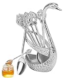 Swan Coffee Dessert Spoon Set | Dekorativer Schwanenbasishalter mit 6 Kaffee-Boxen | Löffel in Form eines Schwans
