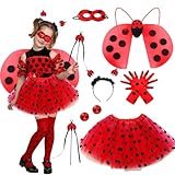 XPJBKC Marienkäfer Kostüm Kinder, 8Pcs Kostüm Marienkäfer Kinder, Ladybug Kostüm Mädchen mit Stirnband, Handschuhe, Ohrclips, Zauberstäbe, Masken, Flügel, Kleider, für Karneval (5-10 Jahre)