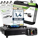 GREEN CAMP® Gaskocher inkl. 4 Kartuschen - Campingkocher mit Piezozündung - Camping Gaskocher stufenlos regulierbar - Gaskocher Camping 1-Flammig