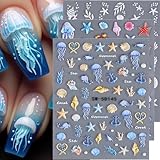 5D Geprägte Ozean Nagelsticker Sommer Aufkleber Summer Stickers Muschel Seestern Qualle Meerestiere Art Strand Design Zubehör
