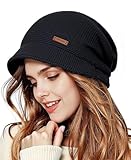 Husmeu Mütze Damen Winter Strickmütze Wintermütze mit Shirm Weichem Innenfutter GefüTterte Warme Wintermütze,Geschenke für Frauen-Schwarz