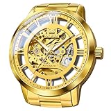 OLEVS Herren-Skelett-Armbanduhr, goldfarben, automatisch, mechanisch, luxuriös, selbstaufziehend, Edelstahl, wasserdicht, leuchtende Armbanduhr für Herren, 6728: Goldfarbenes Armband und goldenes