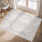 HUGEAR Grau Bereich Teppich 60x90 cm Eingang Teppich Küche Vintage Wohnzimmer Teppich Indoor Schlafzimmer Teppich Waschbar Distressed Teppich Grau Floral Tür Matte Retro Akzent Wurf Teppich Büro Bad