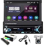 Podofo Autoradio Abnehmbar mit Navi Bluetooth Android Autoradio mit 7 Zoll Bildschirm 1din mit Motorisiert Ausfahrbarem Display Car Radio Touchscreen + DVD + Rückfahrkamera+ Mikrofon