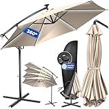 KESSER® Alu Ampelschirm LED Solar Ø300cm Inkl. Fernbedienung,Cover, Sicherheitsseile Kurbelvorrichtung Kurbelschirm mit Ständer 360° Funktion UV-Schutz Aluminium Wasserdicht Garten-Schirm Beige