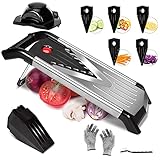 Eukue Gemüsehobel 5-in-1, Mandoline Gemüseschneider Edelstahl, V-hobel mit Kurbel und 5 Edelstahl Wechselklingen, Manueller Trommelreibe Gemüseschneider Küche Reibe für Salat, Nüsse, Obst, Pizza