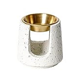 Warmself Aromalampe Teelichthalter aus Keramik Duftlampe aus Keramik Wachsschmelzbrenner Zement Basis Edelstahl Teller Beige Weiß-Gold