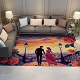 OLLIAR Home Schicke romantische Illustration Matte Paar geht auf Brücke Liebe ästhetische Dekor Teppiche Bunter waschbarer niederfloriger Teppich für Wohnzimmer 140x200cm