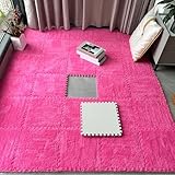 LULUMAIC 80 Stück Quadratische ineinandergreifende Schaumfliesen für Schlafzimmer, Plüsch Puzzle Spielmatte, Plüsch Bodenmatte, Teppichmatten, Puzzle Spielmatte (Rosa Rot 0,39 Zoll)