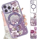 Xylota Magnetische Handyhülle für iPhone 15 Pro 6,1' Hülle mit 2 x Glitzer Karton, Aesthetic Blumen Muster Mädchen Case, Compatibel mit MagSafe, Weich Silikon Dünn TPU Stoßfeste Schutzhülle, Lila
