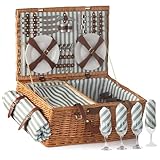 CampFeuer Picknickkorb 4 Personen mit Geschirr-Set und Kühlfach | 29-teilig | Picknickkoffer mit gestreiftem Innenmuster | Weidenkorb mit Kunstlederriemen | Picknicktasche, Picknick Set