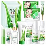 15 Stück Aloe Vera Gesichtspflege Set, Aloe Vera Hautpflege Set, mit Serum, Cleanser, Toner, Augenpads, Lippenbalsam, Maske, Handcreme, Aloe Vera Beauty-Geschenksets für Mädchen und Frauen
