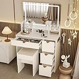 Schminktisch Mit LED Beleuchtung Und Steckdose, Weiß Schminktisch Klein Mit Spiegel, Hocker, 4 Schubladen Und Offene Regale,Modern Vanity Frisiertisch Kosmetiktisch Frisierkommode Für Schlafzimmer