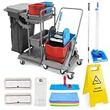 Hypafol Putzwagen Reinigungswagen Set | 2 x 18 l Eimer mit Wischmopp-Presse | Kehrgarnitur mit langem Stiel | 2X 50cm Baumwoll Wischmopp, 1x Mikrofaser-Mopp, 12 Mikrofasertücher | Warnschild