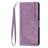 VQWQ Handyhülle Kompatibel mit Samsung Galaxy S7 Edge - Linie Geprägt Schlüsselband Schutzhülle Leder Tasche Flip Klapphülle Mit Karten-Slot Magnetisch Wallet Cover für Galaxy S7 Edge [CY] -Purple