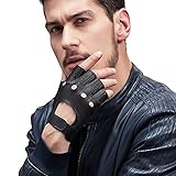 GSG Gifts Fingerlose Motorradhandschuhe für Herren, Halbfinger, schwarzes Hirschleder, perforierte Knöchel - Schwarz - 9.5