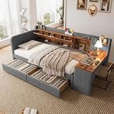 Polsterbett Schlafsofa 90x200, Bett mit 2 Schubladen, Schreibtisch, USB-Ladeanschluss und Ablagefächern, Bettgestell Funktionsbett Tagesbett Jugendbett mit Lattenrost, Leinen, Ohne Matratze, Grey