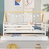 Doyisy Baumhausbett, Tagesbett, Einzelbett, Kinderbett, Ausziehbett, Schiebebett mit Rollen unten, Massivholz, weißes Bett, naturfarbener Dachstuhl (90x200 & 90x190CM)