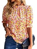 Awemeal Damen Sommer Boho Bluse Oberteil Elegant Rüschenbesatz Stehkragen Tuniken Blusenshirt Volant Kurzarm Casual Tunika T-Shirt Blumen Strand Top Shirt (M, Rosa)