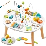Giant bean Holz Aktivitätstisch für Kinder 1+, 11-in-1 Activity Tisch mit Lern und Motorik Spielzeug für Kleinkinder ab 12 Monaten, Geschenk Motoriktisch Spielzeug ab 1 2 3 Jahre Mädchen Junge