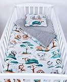 Babylux Babydecke 75x100 cm mit Kissen 30x35 cm – Kuscheldecke aus Minky & Baumwolle – Krabbeldecke für Kinderwagen, Babybett & Spielgruppe (K148 - Grau + Dschungel)