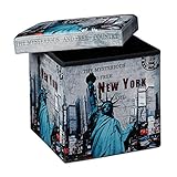 Relaxdays Faltbarer Sitzhocker 38 cm stabiler Sitzwürfel mit trendigen Motiven als praktische Fußablage als Sitzwürfel mit bedrucktem Kunstleder als Aufbewahrungsbox mit Stauraum und Deckel, New York