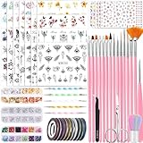 53 Blätter Nagelsticker, Nail Art Pinsel und Dekorationen Set, 15 PCS Pinsel, 5 PCS Dotted Pens, Strasssteine, Blattgold für Nagelkunst, Nagel Pailletten, Nagelkunstwerkzeuge und Dekorationssets