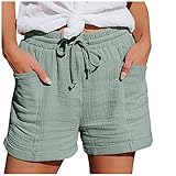 Damen Sommer Mode Lässige Musselin mit hoher Taille Gerades Bein Sport Lockere Shorts mit Kordelzug Kurze Hose mit Taschen Gummiband Freizeit Elastische Stoffhose