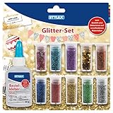 Stylex 23386 - Glitter-Set, 11 teilig, mit 8 Döschen Glitterpulver, 2 Döschen Streudeko und 1 Flasche Bastelkleber, zum Basteln und Dekorieren, Mehrfarbig