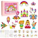 Aurinovellia 1200 Stück BüGelperlen Set Groß 10mm, BüGelperlen Set MäDchen,16 Farben Perlen mit 12 Papiervorlagen und Zubehör, für Kinder ab 3 Jahre, Geschenk für Geburtstage Weihnachten Ostern