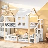 PerGar Etagenbett Kinderbett 90 x 200cm, Hochbett mit Treppe & Rausfallschutz für 2 Kinder, Massivholz Stockbett Jugendbett Doppelbett, Baumhaus Bett, Natur & Weiß, Ohne Matratze