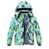 MoFiz Winterjacke Jungen Skijacke Warm Innenfutter Kinder Outdoor Softshelljacken Schneejacke mit Abnehmbare Kapuze X-LS Geometrisch Grün, M (DE140-152)