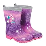 PERLETTI Kinder Einhorn Gummistiefel Rosa mit Glitzern - Wasserdichte Regen Stiefel Regenstiefel mit Rutschfeste Sohle und Silber Rand Reflektierend - Unicorn Stiefeletten Mädchen (Lila, 26/27 EU)