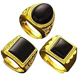 3 Stück Edelstahl Ringe Herren Männer Gold Breitband Biker Vintage Ringe Schwarz Siegelring Einfacher Quadratischer Achat Solide Poliert Hip Hop Rock Band Ringe Set Größe