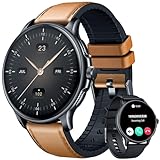 Smartwatch Armbanduhr Fitnessuhr Wasserdicht Uhr: Smartwatch Herren mit 1,43' AMOLED Touchscreen Rund Blutdruck Herzfrequenz Sport Schrittzähler Telefonfunktion lederarmband Herrenuhr fuer Android iOS